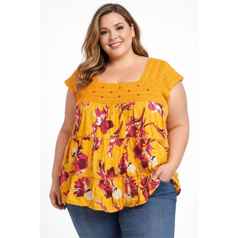 Lane Bryant Floral Peplum Top Mustard Yellow Boho Cotton Blouse 22